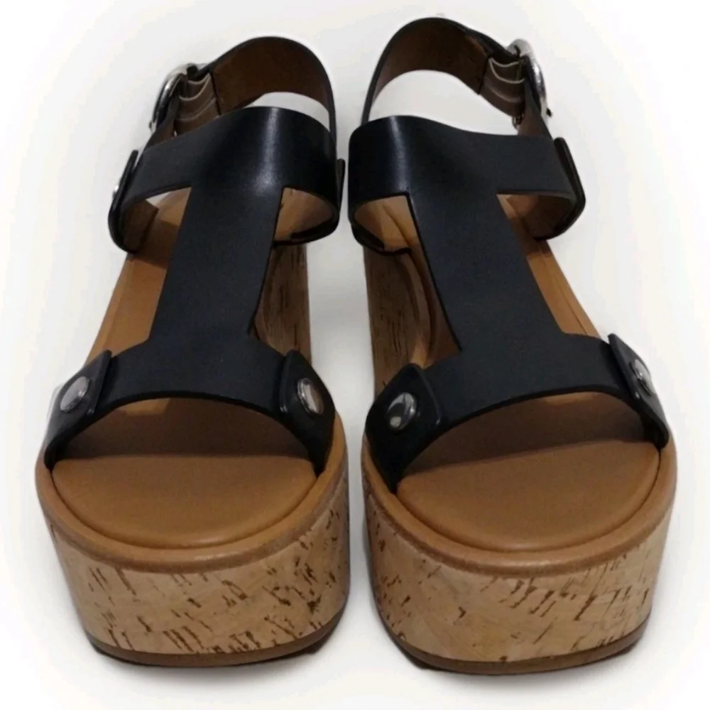 NEW Frye Black Leather Cork Wedge Platform Sandals Boho Luxe US 8.5 MSRP $458